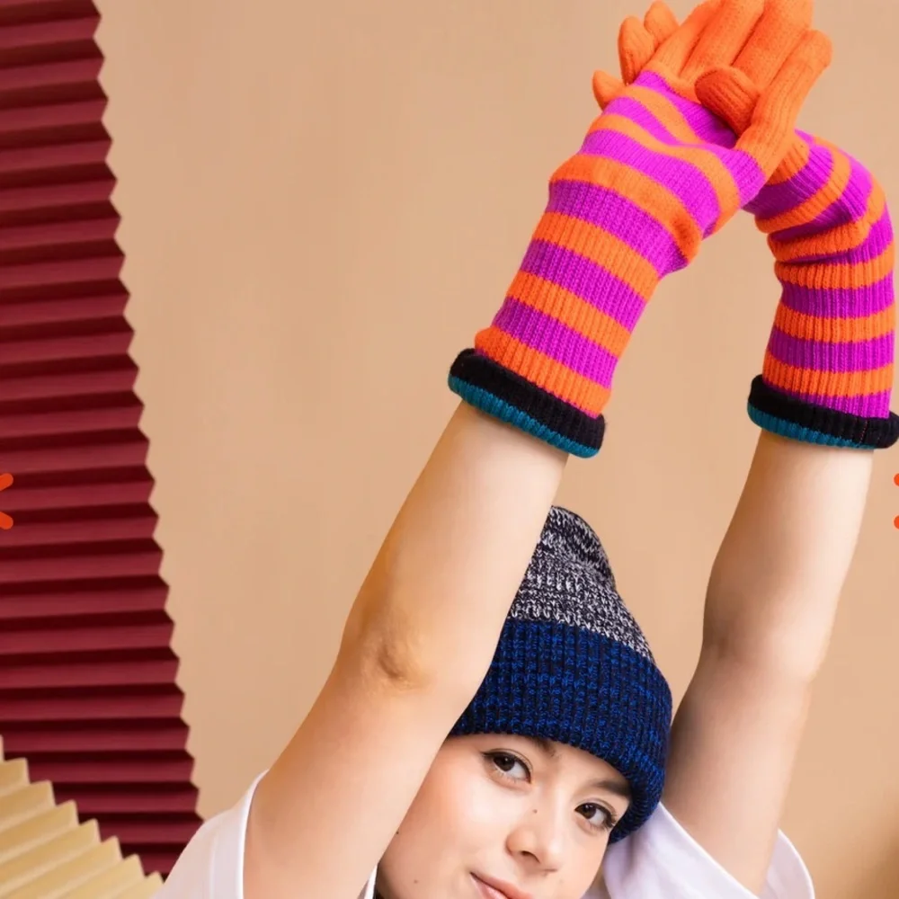 New! Verloop-STRIPED RIBBED LONG GLOVES-Golden Olive Navy